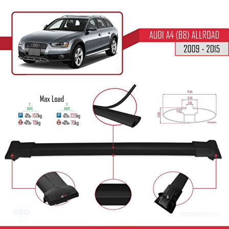 A4 (B8) Allroad 2009-2015 Arası ile Uyumlu FLY Model Ara Atkı Tavan Barı Siyah 2 Adet