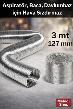3 Metre 127 mm Alüminyum Flex Aspiratör Borusu, Isıya Dayanıklı, Esnek Havalandırma Hortumu, Davlumbaz ve Banyo Fanı Uyumlu