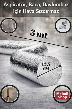 3 Metre 127 mm Alüminyum Flex Aspiratör Borusu, Isıya Dayanıklı, Esnek Havalandırma Hortumu, Davlumbaz ve Banyo Fanı Uyumlu