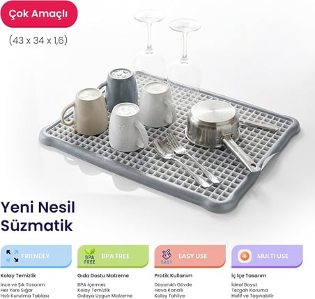44x35 cm Plastik Bulaşık Süzgeci Mat Izgara Süzgeçli Süzmatik Tezgah Üstü Bulaşık Kurutmalık Büyük Boy Mutfak Süzgeci (ASORTİ RENK)