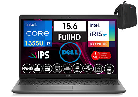 Dell Latitude 3550 Intel Core I7 1355U 16GB Ddr5 512GB SSD  15.6" Fhd IPS Freedos Taşınabilir Bilgisayar WN012L54501402+ZETTAÇANTA