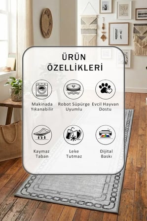 Zincir Gri Yıkanabilir Kaymaz Taban Dijital Baskılı Yolluk Halı Gri
