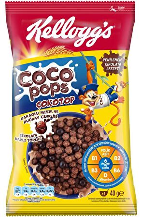 Kellogg's Coco Pops Çokotop 40 Gr x24 Adet,Lif,Demir ve 6Vitamin Kaynağı,%100 Pancar Şekeri,%40 Kakao