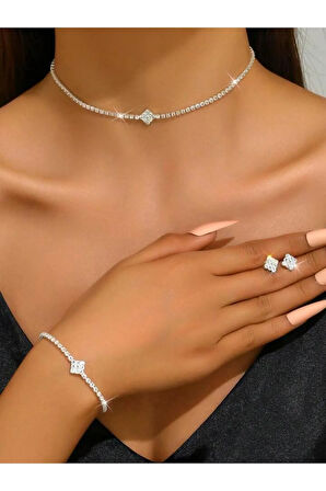 Gümüş Kaplama Tek Taş Kolye, Küpe Ve Bileklik Seti 3'lü Set Davet Düğün Nişan Abiye