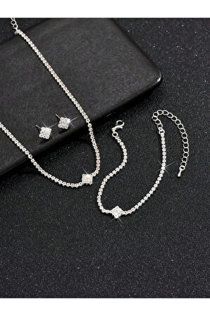 Gümüş Kaplama Tek Taş Kolye, Küpe Ve Bileklik Seti 3'lü Set Davet Düğün Nişan Abiye