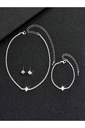 Gümüş Kaplama Tek Taş Kolye, Küpe Ve Bileklik Seti 3'lü Set Davet Düğün Nişan Abiye