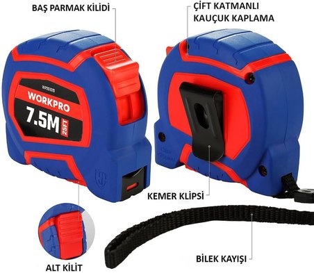 WP261010 7,5Mx25mm/25Ft. Naylon Kaplama Sarı Çelik Şerit Metre
