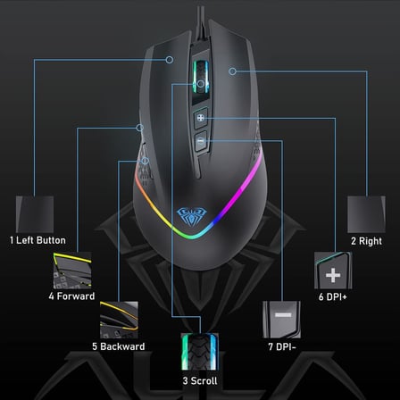 Aula F805 6400DPI RGB 7 Tuşlu Makro Optik Oyuncu Mouse, Siyah