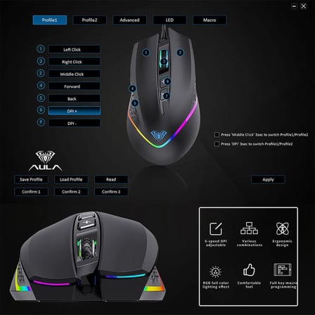 Aula F805 6400DPI RGB 7 Tuşlu Makro Optik Oyuncu Mouse, Siyah