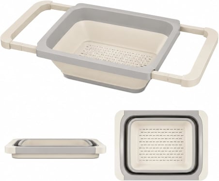 Ayarlanabilir Katlanır Lavabo Süzgeci, 6,3 Litre, Plastik ve Silikon, Aç Kapa Mutfak İçin Tezgah Üstü Pratik Sürgülü Süzgeç, Gıda İle Temasa Uygun, BPA İçermez (Bej)