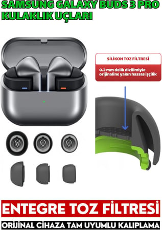 Samsung Galaxy Buds3 Pro / Buds4 Pro Uyumlu Üç Boyut Premium Silikon Kulaklık Uçları (S,M,L) Ve 3'ü 1 Arada Bluetooth Kulaklık Temizleme Kalemi Seti (Siyah)