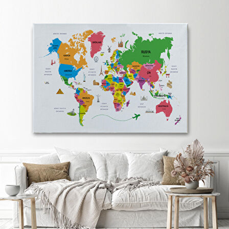 Harita Sepeti Türkçe Dünya Haritası Kanvas Tablo Ülke-Başkentli Öğretici ve Sembollü 2272