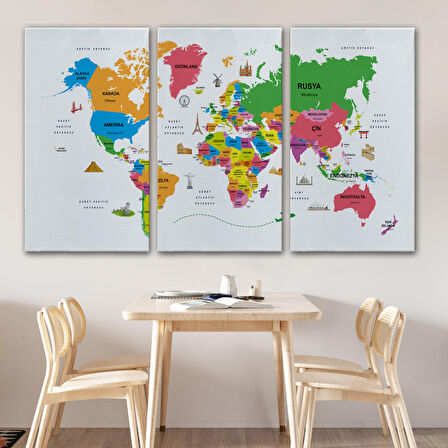 Harita Sepeti Türkçe Dünya Haritası Kanvas Tablo Ülke-Başkentli Öğretici ve Sembollü 2272