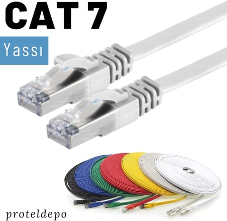 CAT7 Yassı FTP Ethernet Network Lan İnternet Kablosu, Beyaz 2 metre