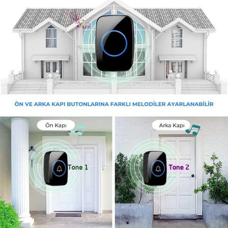 Kablosuz Kapı Zili 2 Buton 1 Alıcı Led Işıklı 300 Metre Mesafe 60 Melodi Ev Ofis Depo