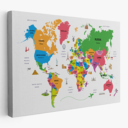 Harita Sepeti Dünya Haritası Dekoratif Kanvas Tablo Ülke ve Başkentli Öğretici ve Sembollü 2273
