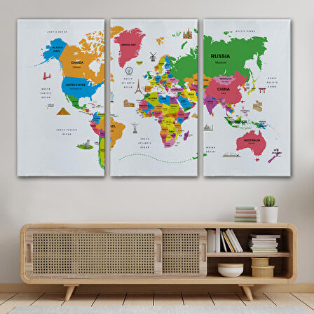 Harita Sepeti Dünya Haritası Dekoratif Kanvas Tablo Ülke ve Başkentli Öğretici ve Sembollü 2273