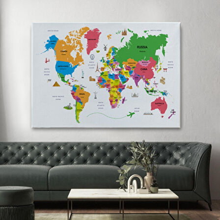 Harita Sepeti Dünya Haritası Dekoratif Kanvas Tablo Ülke ve Başkentli Öğretici ve Sembollü 2273