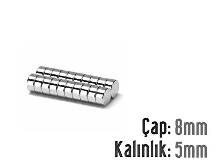 Neodyum Mıknatıs Silindir Çap 8mm , Kalınlık 5mm   ( 10 Adet)