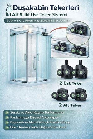Duşakabin Tekerlek Seti 4 Adet (2 Üst + 2 Alt) 2x2 Sistem Uyumlu Kayar Cam Kapı Ray Tekerleri, Evrensel Yedek Parça, Sessiz Ve Akıcı Kayma Performansı, Paslanmaya Dayanıklı
