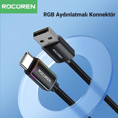 Type-C to USB-A RGB Aydınlatmalı 3A Hızlı Şarj ve Data Kablosu 2 Metre