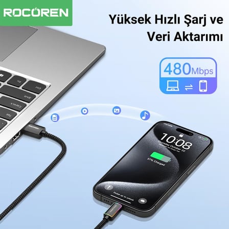 Type-C to USB-A RGB Aydınlatmalı 3A Hızlı Şarj ve Data Kablosu 2 Metre