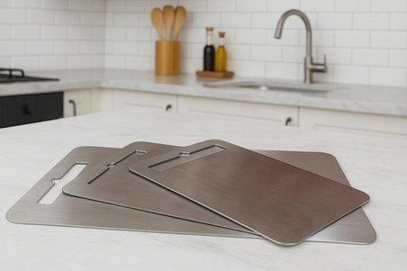 316 Paslanmaz Çelik &amp; Titanyum Alaşımlı Kesme Tahtası – Çizilmeye Karşı Dayanıklı, Çift Taraflı, BPA’sız, Hijyenik ve Bulaşık Makinesinde Yıkanabilir (34U x 24G)