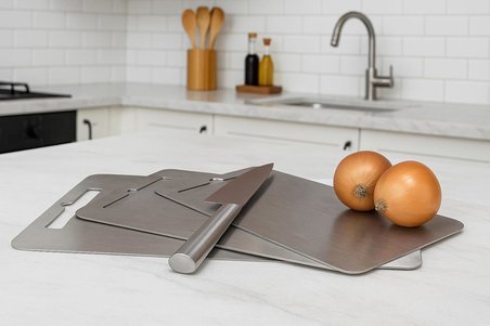 316 Paslanmaz Çelik &amp; Titanyum Alaşımlı Kesme Tahtası – Çizilmeye Karşı Dayanıklı, Çift Taraflı, BPA’sız, Hijyenik ve Bulaşık Makinesinde Yıkanabilir (34U x 24G)