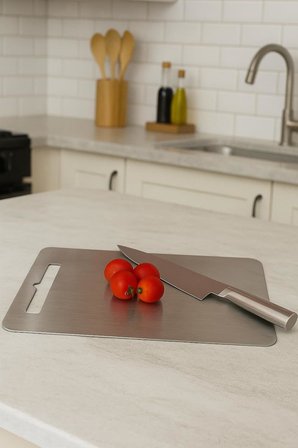 316 Paslanmaz Çelik &amp; Titanyum Alaşımlı Kesme Tahtası – Çizilmeye Karşı Dayanıklı, Çift Taraflı, BPA’sız, Hijyenik ve Bulaşık Makinesinde Yıkanabilir (34U x 24G)