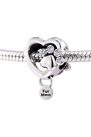 Kedi Köpek Annesi Patili Kalp Charm | 925 Ayar Gümüş