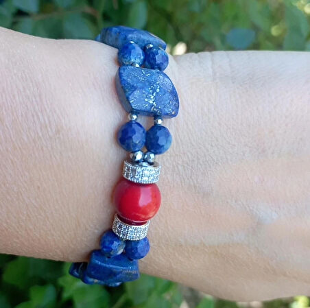 2276 Lapislazuli Mercan el yapımı çift sıra bileklik