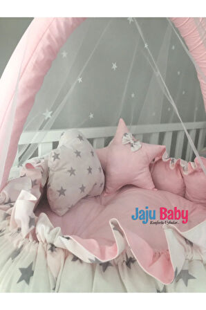 Nest Pembe - Beyaz Tasarım Lüx Oyun Minderi Jaju-babynest Cibinlik Tül Oyuncak Aparat Set