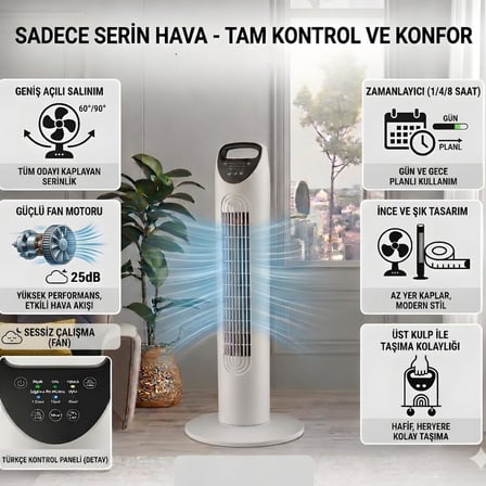 Kule Tipi Vantilatör, Uzaktan Kumandalı, 3 Kademeli Hız Ayarı, 7.5 Saat Zamanlayıcı, Salınımlı Sessiz Fan, 45W, Ev Ofis Yatak Odası İçin