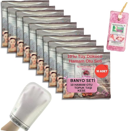 10 Paket Hamam Otu Toz Tüy Dökücü + Hamam Kesesi + Topuk Taşı Banyo Seti