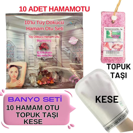 10 Paket Hamam Otu Toz Tüy Dökücü + Hamam Kesesi + Topuk Taşı Banyo Seti