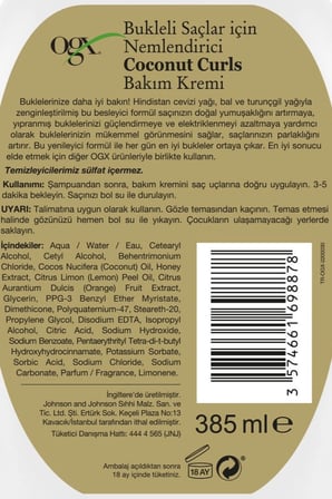 Coconut Curls Bukleli Saçlar İçin Sülfatsız Saç Bakım Kremi 385 ml