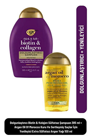 Dolgunlaştırıcı Biotin & Kolajen Sülfatsız Şampuan 385 ml + Argan Oil Of Morocco Kuru Ve Sertleşmiş Saçlar İçin Yenileyici Extra Sülfatsız Argan Yağı 100 ml