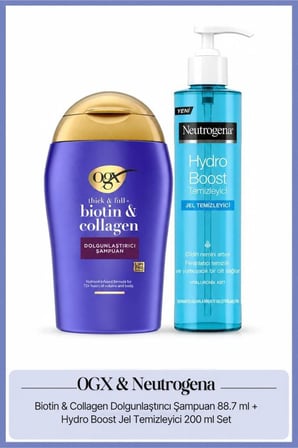 OGX Biotin & Collagen Dolgunlaştırıcı Şampuan 88.7 ml + Neutrogena Hydro Boost Jel Temizleyici 200 ml Set
