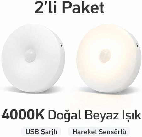 2’li Set Sensörlü LED Kabin Işığı Gece Lambası | 1,5W | 4000K Doğal Beyaz | 150 Lümen | USB Şarjlı | Manyetik &amp; Bantlı | Mutfak Dolabı, Merdiven, Gardırop Aydınlatma Karanlıkta Harekete Duyarlı