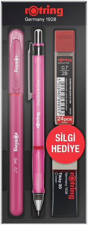 Rotring Visuclick Jel Okul Seti 0,7 mm, Mekanik Kurşun Kalem, Uç ve Silgi Seti, Pembe