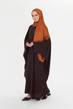 Kahve Yarasa Kol Oversize Medine İpeği Arkası Düğmeli Düz Elbise 4001_14