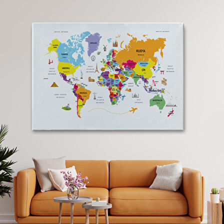 Harita Sepeti Türkçe Dünya Haritası Kanvas Tablo Ülke-Başkentli Öğretici ve Sembollü 2280