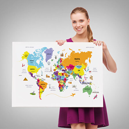 Harita Sepeti Türkçe Dünya Haritası Kanvas Tablo Ülke-Başkentli Öğretici ve Sembollü 2280