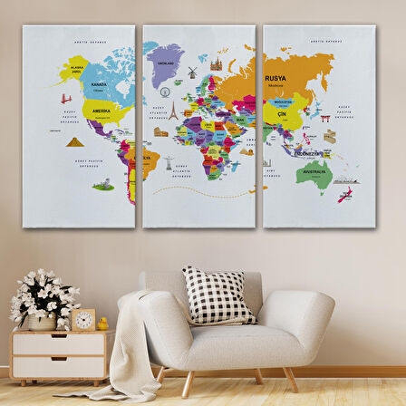 Harita Sepeti Türkçe Dünya Haritası Kanvas Tablo Ülke-Başkentli Öğretici ve Sembollü 2280