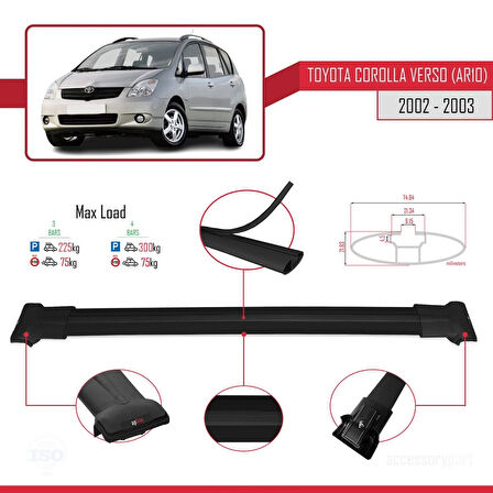 Toyota Corolla Verso (E120) 2001-2004 Arası ile Uyumlu FLY Model Ara Atkı Tavan Barı Siyah 3 Adet