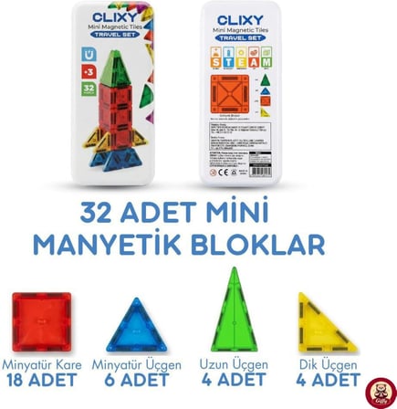 Manyetik Yapı Blokları - 32 Parça Seyahat Tipi Mini Bloklar Metal Saklama Kutulu Çanta Boy Renkli