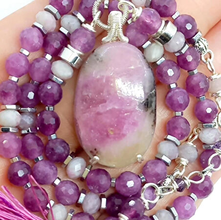 2281 Rubellite Kuvars Kunzit el yapımı kolye