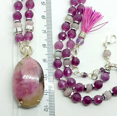 2281 Rubellite Kuvars Kunzit el yapımı kolye