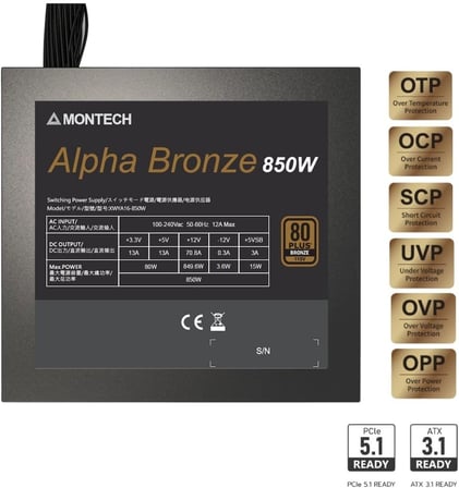 Montech XR Cam Panel Oyuncu Kasası Siyah + Alpha 80+ Bronze 850W ATX 3.1 Gen5.1 PSU + 6 Port Fan &amp; ARGB Kontrolcü