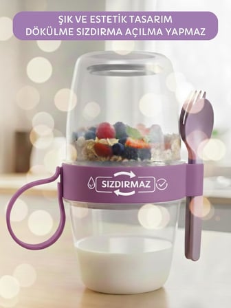 3 lü Set Taşınabilir Kaşık+Çatal Kapaklı Yoğurt Müsli Granola Yemek Diyet Saklama Kabı Take and Go Bardak Kahvaltı Salata Hazırla Çık